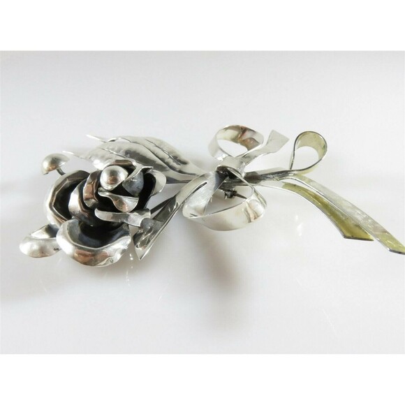 Large 4" Sterling Silver Flower Spray Brooch Ribbon Bow Handwrought Repair - Picture 13 of 13